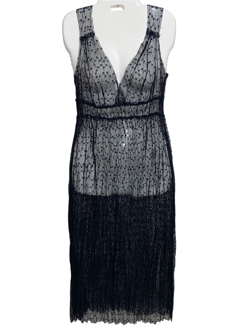 Black Sequin Sheer Dress Womens S/M Mesh Slip Pleated Whimsigoth Fairy Witchy